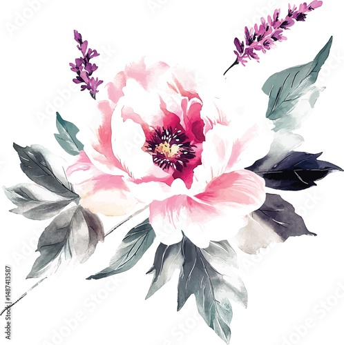 decorative watercolor flowers. floral illustration vector Leaf and buds. Botanic composition for wedding or greeting card.  branch of flowers - abstraction roses, romantic
