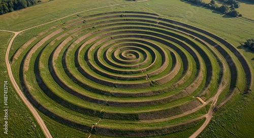 Aerial view of grass spiral in field