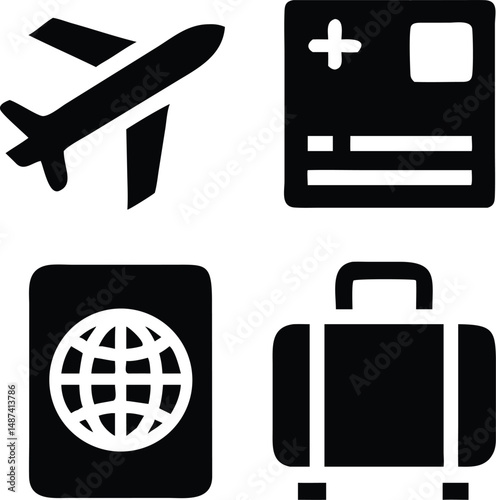 Vacation planning is demonstrated with an airplane, health card, passport and luggage icon set