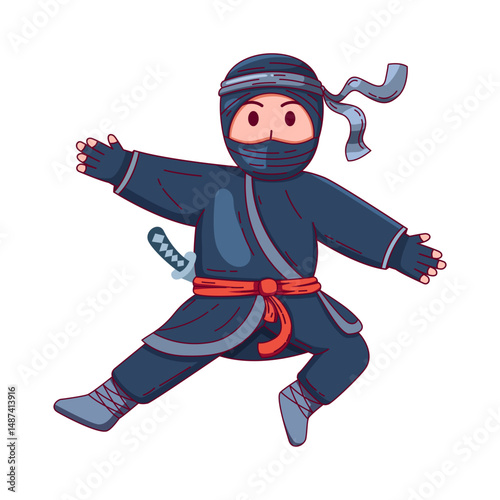 illustration cute cartoon ninja character in an action pose. The ninja is dressed in traditional dark attire with a red belt and a headband with flowing ends.