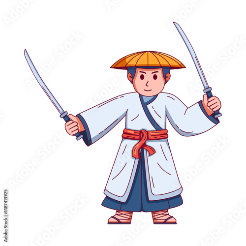 illustration of a ronin warrior wielding two katanas in a dynamic battle-ready stance