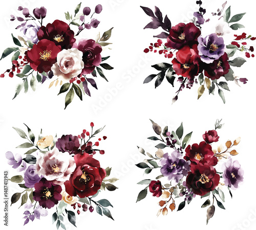 decorative watercolor flowers. floral illustration vector Leaf and buds. Botanic composition for wedding or greeting card.  branch of flowers - abstraction roses, romantic