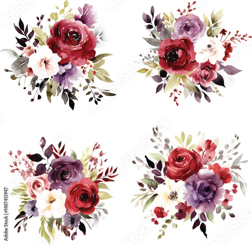 decorative watercolor flowers. floral illustration vector Leaf and buds. Botanic composition for wedding or greeting card.  branch of flowers - abstraction roses, romantic