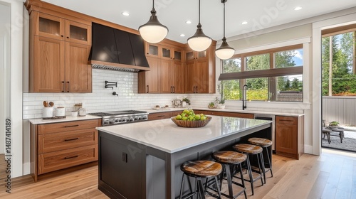 Sleek modern kitchen with wood cabinetry, large black island with seating, stainless steel gas range, pendant lights, bowl of fruit, white tiled backsplash