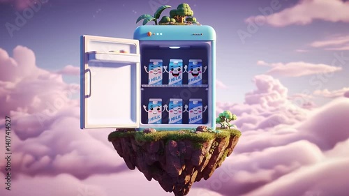Blue Refrigerator Filled with Cartoon Milk Cartons on Floating Island in Dreamy Sky