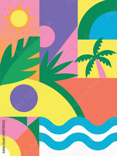 Flat vector poster with abstract summer elements