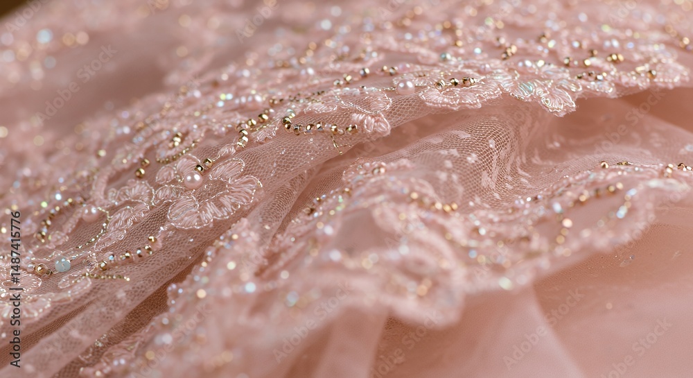 Fototapeta premium Pink Lace Fabric with Beads and Flower Design