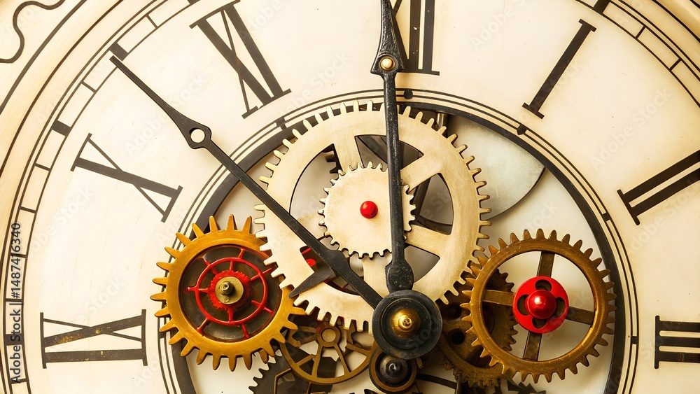 Obraz premium Intricate Vintage Clock Face with Exposed Gears and Roman Numerals for Timeless and Steampunk Graphic Design Inspirations