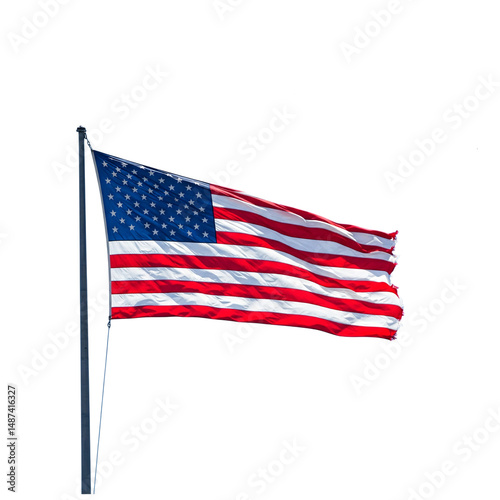 American flag waving against transparent background on a metal pole outdoors view