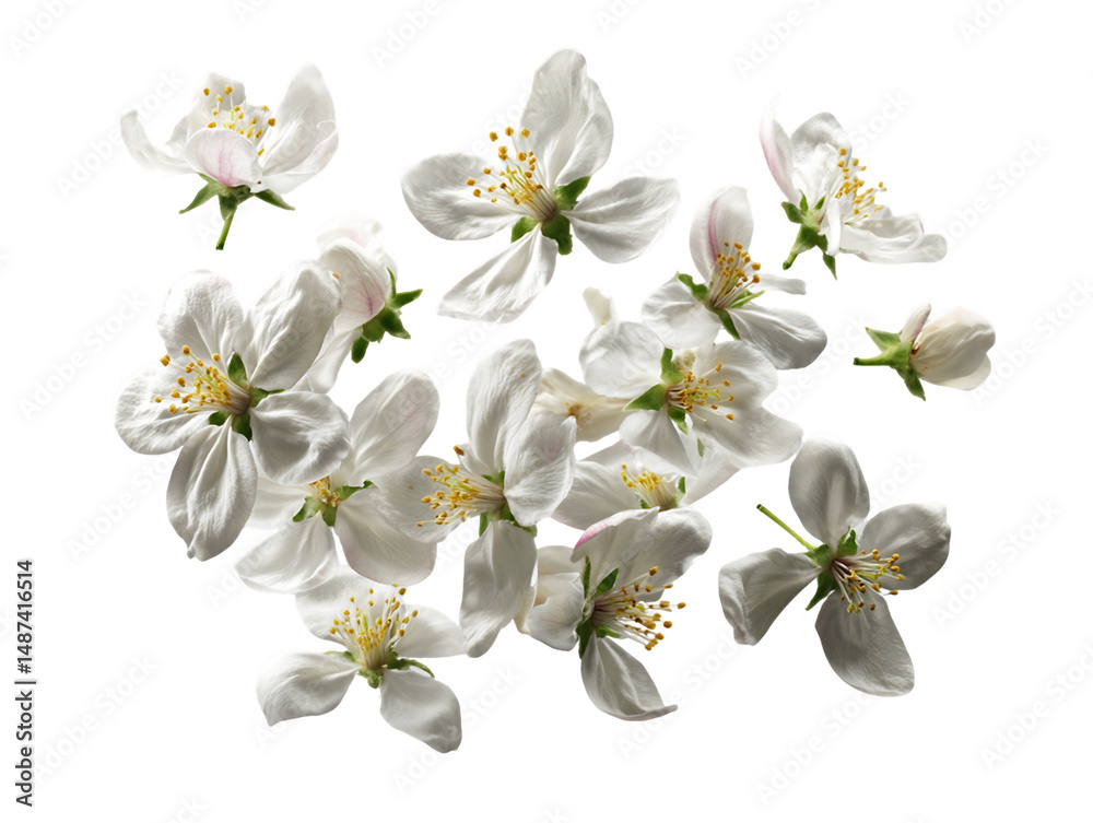 Obraz premium Floating White Apple Blossoms on Transparent Background, PNG