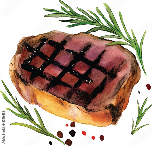 Steak with rosemary and pepper, isolated on white background watercolor illustration vector
