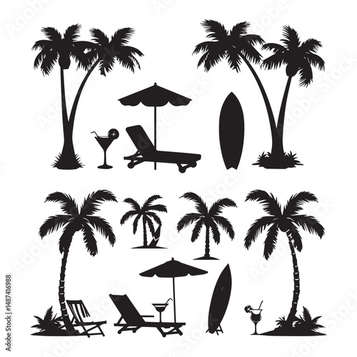 set of black various resort vector silhouettes isolated on white background