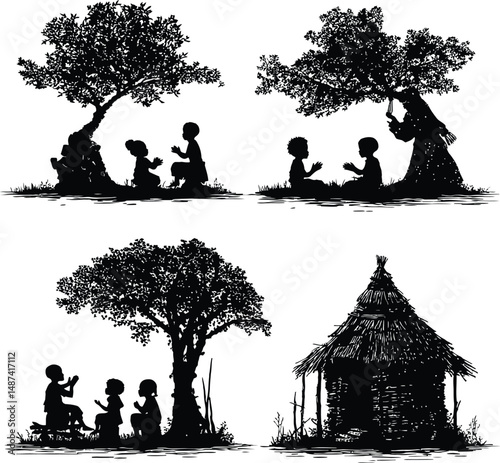 Black and White Vector Illustration Featuring Silhouettes of Children Sitting Under Trees, Engaging in Playful Clapping Games, and a Traditional Thatched-Roof Hut
