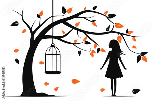 Young woman stands near a tree with autumn leaves and hanging birdcage