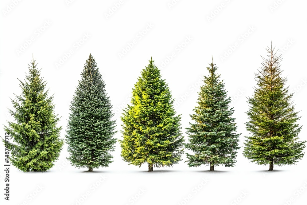 Obraz premium A row of five evergreen trees with different shades of green. , isolated on white background.