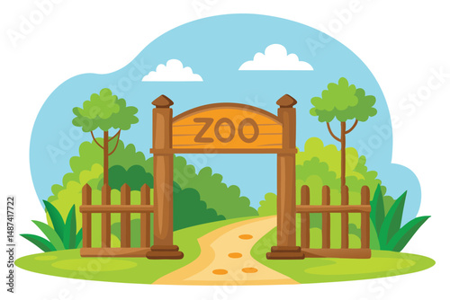Zoo entrance features a wooden gate with a sign surrounded by lush greenery and pathway