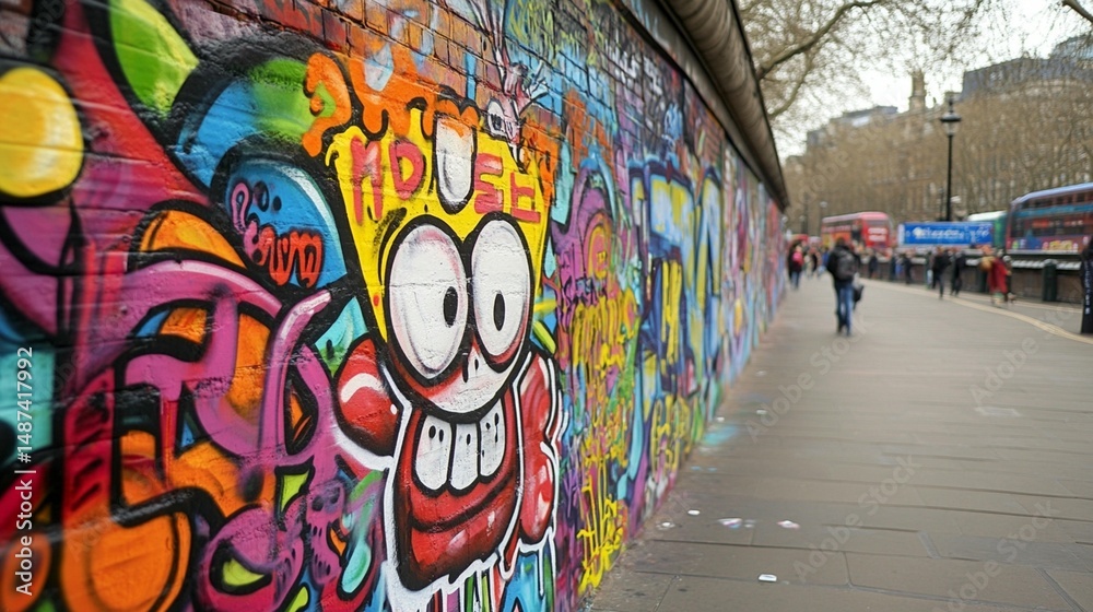 Obraz premium Vibrant street art mural on a city wall, featuring colorful graffiti and a cartoon character
