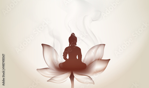 Elegant horizontal illustration of Buddhist festival lotus and Buddha