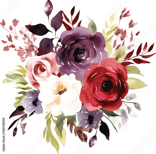 decorative watercolor flowers. floral illustration vector Leaf and buds. Botanic composition for wedding or greeting card.  branch of flowers - abstraction roses, romantic