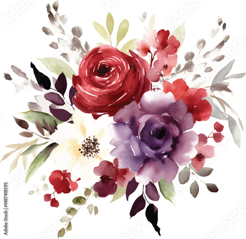 decorative watercolor flowers. floral illustration vector Leaf and buds. Botanic composition for wedding or greeting card.  branch of flowers - abstraction roses, romantic