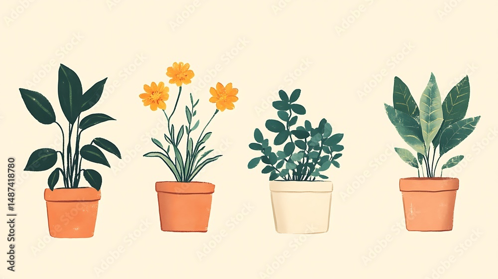 Fototapeta premium Four potted plants illustration with orange and green leaves