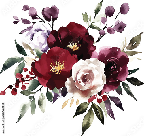 decorative watercolor flowers. floral illustration vector Leaf and buds. Botanic composition for wedding or greeting card.  branch of flowers - abstraction roses, romantic