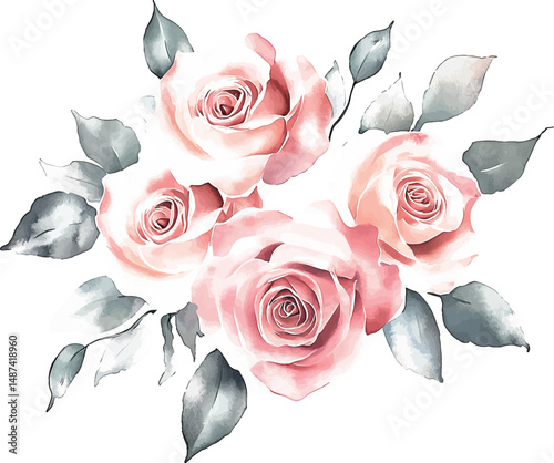 decorative watercolor flowers. floral illustration vector Leaf and buds. Botanic composition for wedding or greeting card.  branch of flowers - abstraction roses, romantic