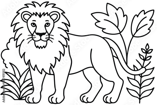 A majestic line art lion stands calmly amidst stylized foliage, presenting a bold outline
