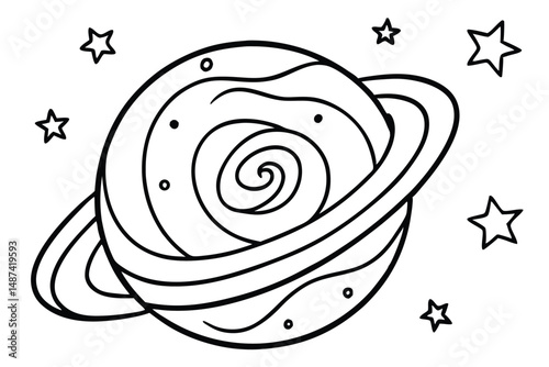 A ringed planet features a spiral core, several stars float within the cosmos