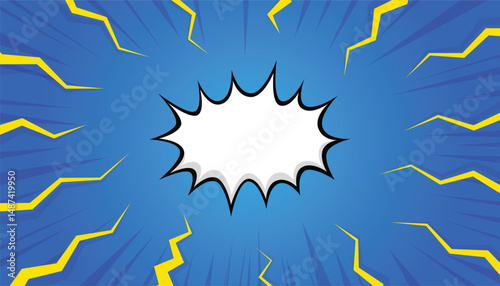 Blank comic cartoon blue background with thunder lightning. empty dialog background thunder lightning. Comic background cartoon style