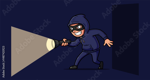 Sneaky Thief in the Dark A Cartoon Illustration of a Burglar with Flashlight