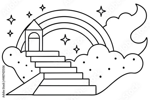 A stair leads to the house beside rainbow and clouds with stars around on white