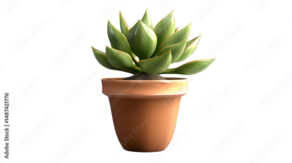 Fototapeta premium A succulent plant with green leaves in a brown terracotta pot against a transparent isolated background