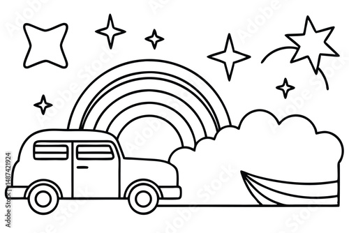A vintage car rides under a rainbow, with clouds and stars outlined above it