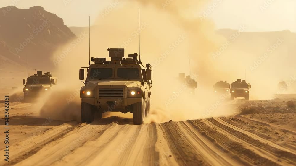 A rugged military convoy advances through a choking dust storm across a deserted wasteland, reflecting warfare and endurance in a crumbling apocalyptic world.