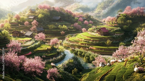 Terraced hillsides with blooming trees and a winding stream in a scenic landscape.