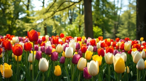 Vibrant Tulip Garden in Full Bloom with Sunlit Trees