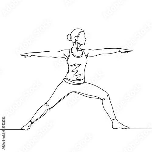 Empowered woman in warrior two pose practicing yoga on white background with copy space
