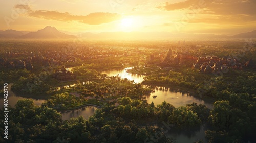 Aerial view of a lush green forest with a river at sunset.