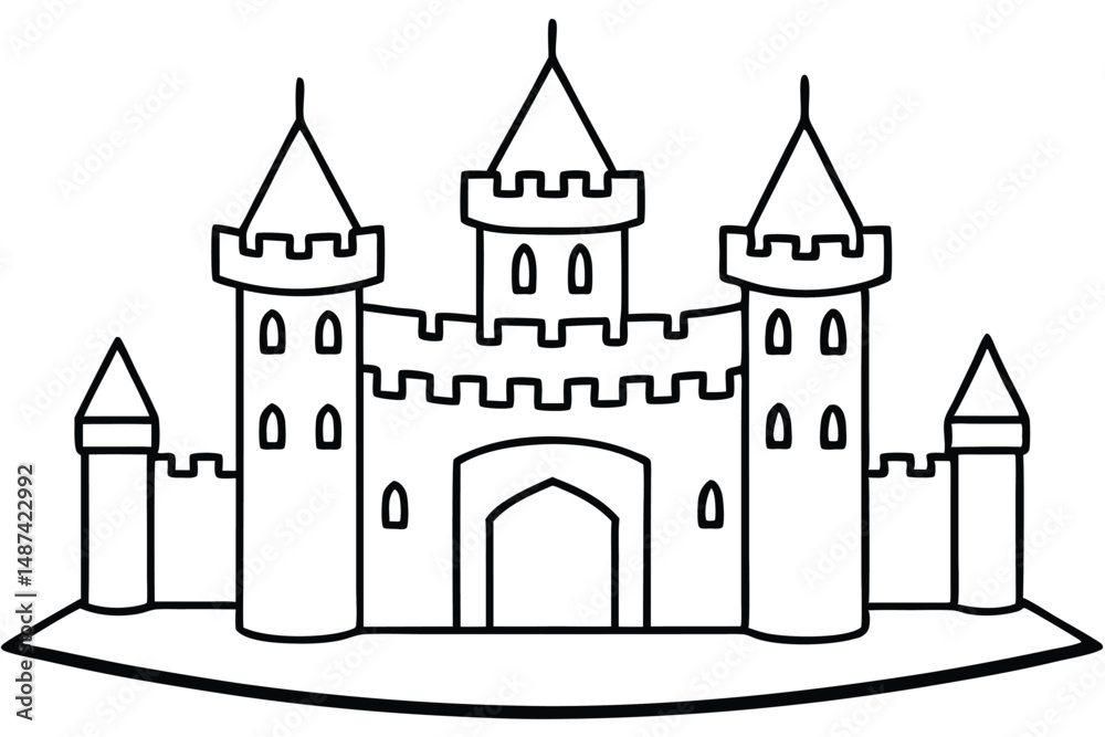 An outlined majestic fairytale castle structure features crenellations, arched doors, and pointed towers An outlined majestic fairytale castle structure features crenellations, arched doors, and pointed towers