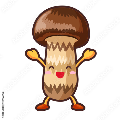 ル	両手を挙げるかわいいマツタケのキャラクターのイラスト