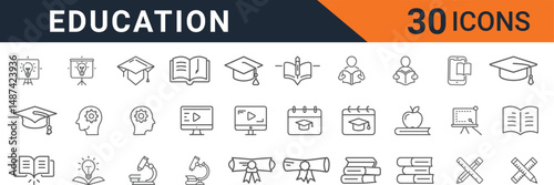 30 Line Style Education Icons Set Featuring Graduation Hat, Book, Microscope, Calendar, Lightbulb, Online Learning and Reading Elements
