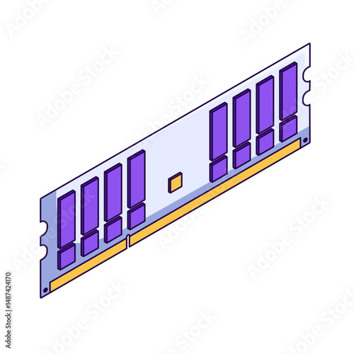illustration RAM module used in computers, featuring multiple memory chips and contact pins arranged on a circuit board. 
