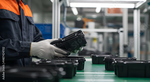 Worker inspecting plastic components on conveyor line