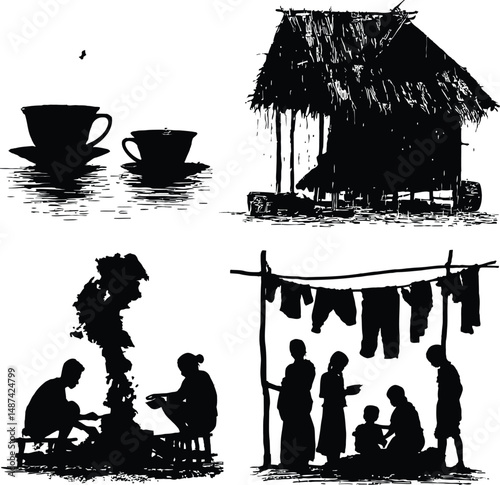 Minimalist Black and White Vector Illustration Featuring Everyday Life Scenes with Coffee Cups, Village Hut, Community Gathering, and Traditional Fire Cooking