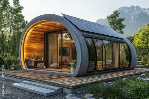 Eco-Friendly Curved Concrete House with Solar Panels in Mountain Setting