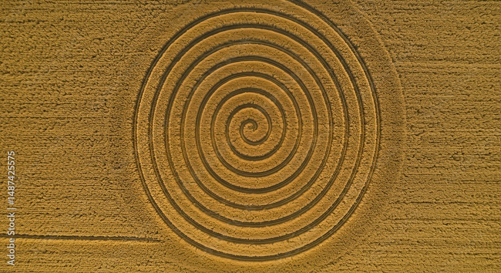 Fototapeta premium Aerial View of Spiral Crop Circle on Field