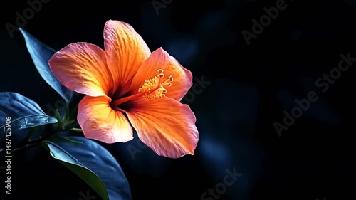 Vibrant orange hibiscus flower against black background.