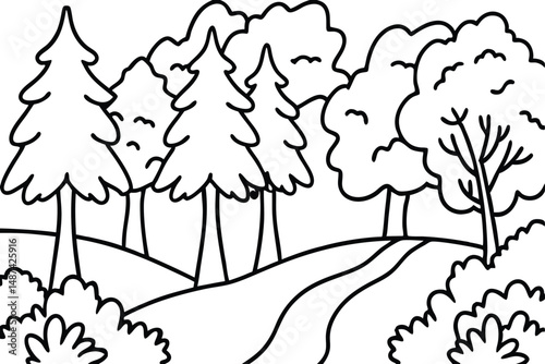 Black and white line art shows forest trees alongside a curving path