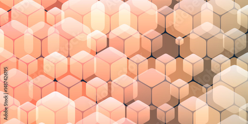 A geometric pattern of repeating cubes of various sizes on a hexagonal grid and with subtle orange and gray gradients. The 3D effect adds depth, creating a modern and versatile background design.